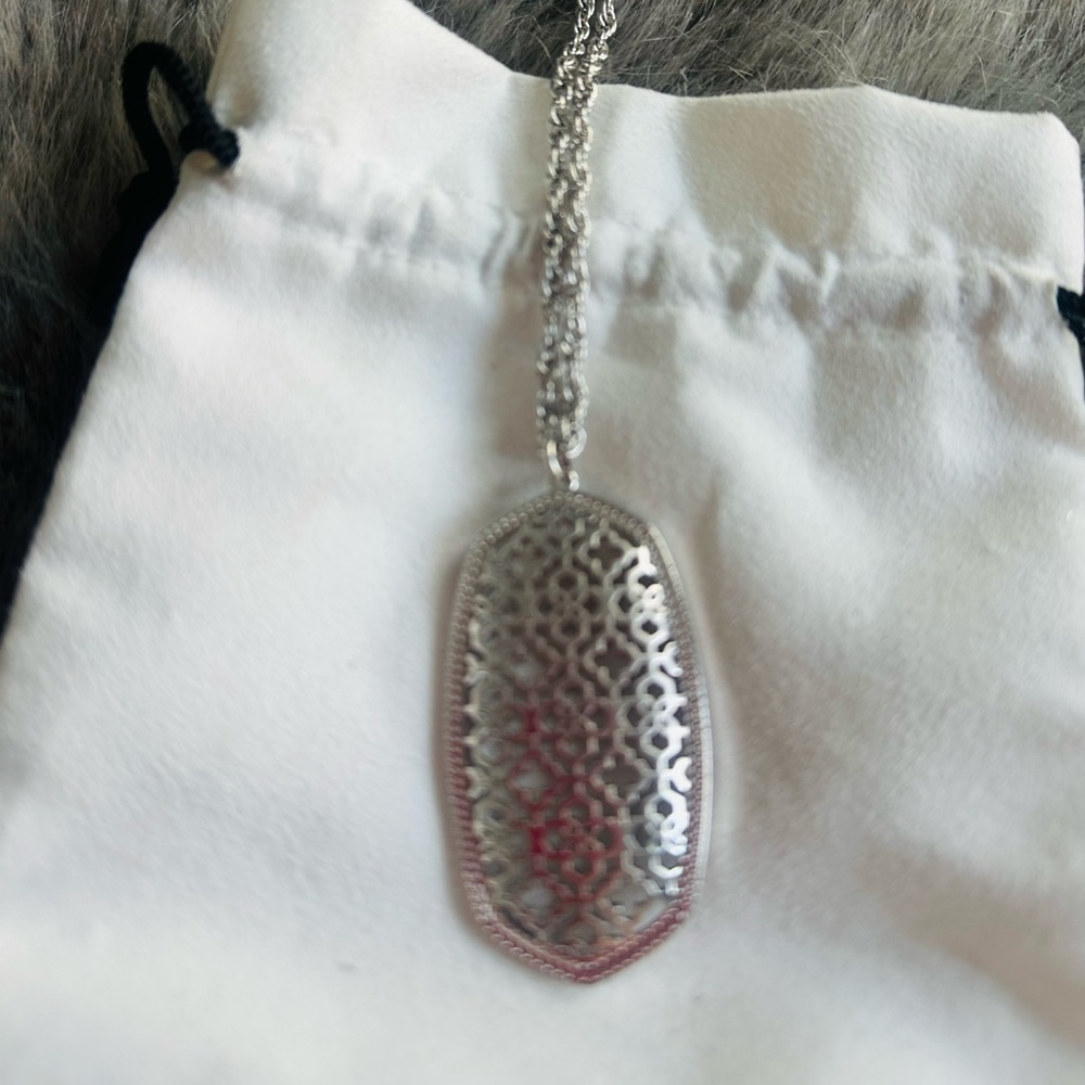 Kendra Scott Rae Long Filigree Pendant Necklace in silver tone.
